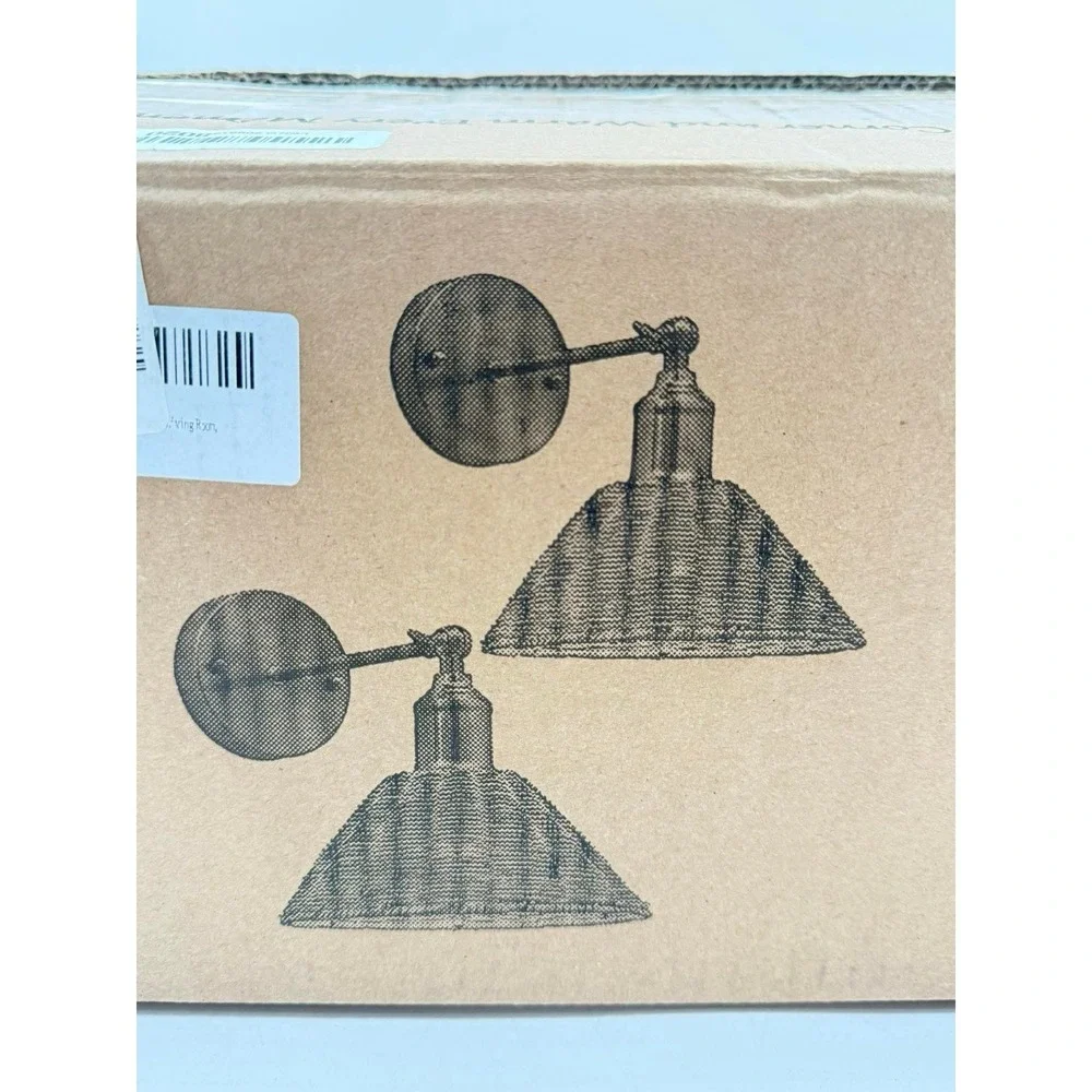 2 Pack Battery Operated‎ Bamboo Rattan Wall Sconce Black Vintage Rattan Dimmable